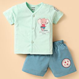 CUCUMBER Sinker Knit Half Sleeves Shorts Night Suit with Football Theme Print - Sea Green & Tea Blue-picture-18