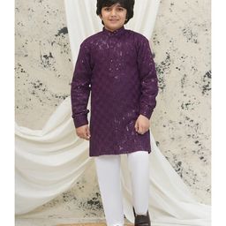 AJ Dezines Schiffli Full Sleeves Floral Embroidered Sequins Embellished Kurta Pyjama Set - Purple-image-32