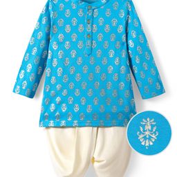 EARTHY TOUCH Single Jersey Knit Mandarin Collar Full Sleeves Dhoti Kurta Set With Foil Print - Blue-image-89