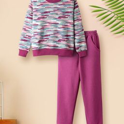 Tiara Fleece Knit Full Sleeves Abstract Printed Sweatshirt & Joggers Set - Pink-image-120