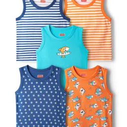 Babyhug 100% Cotton Knit Sleeveless Antibacterial Sando with Strips Stars & Shark Print Pack of 5 - Navy Blue & Orange-picture-3