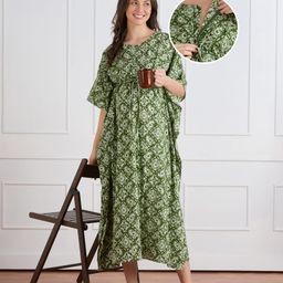 Bella Mama Cotton Woven Half Sleeves Maternity Nursing Kaftan Style Nighty with Floral Print - Green-picture-10