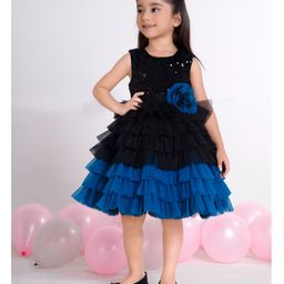 Ministitch Net Woven Sleeveless Floral Applique Sequin Embellished Layered Dress - Teal Blue-image-73