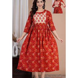 NEVISHA STYLE Cotton Woven Three Fourth Sleeves Floral Printed Maternity Kurta With Nursing Access - Red-image-65