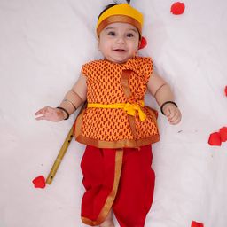 KID1 Cotton Woven Janmasthami Theme Sleeveless Krishna Costume Set With Mor Pankh & Headband - Yellow & Red-image-85