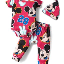 Babyhug Disney Interlock Knit Half Sleeves Onesie & Diaper Legging with Pony Cap Set Mickey Mouse Print - Red-picture-45