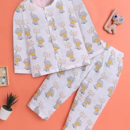 Polka Tots Cotton Woven Full Sleeves Baby Elephants Printed Coordinating Jhabla & Pant Set - White-picture-27