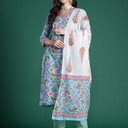 Indo Era Floral Printed Mirror Work Pure Cotton Kurta With Trousers & Dupatta-17