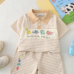 INCLUD Boys Striped Dinosaur Polo Collar T-shirt With Shorts-25
