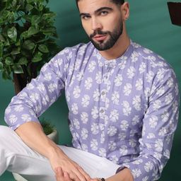 Sangria Lavender Floral Printed Mandarin Collar Cotton Short Kurta-image-98