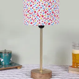 Devansh White & Pink Printed Cylinder Shaped Wooden Contemporary Table Lamp-3