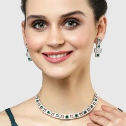 Karatcart Silver Tone Green Cubic Zirconia Studded Necklace Set-image-31