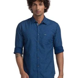 Parx Blue Pure Cotton Slim Fit Printed Shirt-image-61