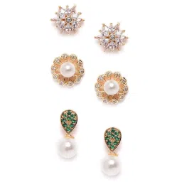 Zaveri Pearls Green Combo of 3 Cubic Zirconia Diamonds & Pearls Contemporary Stud Earrings-ZPFK9746 image 2
