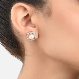 Zaveri Pearls Rose Gold Cubic Zirconia & Pearl Contemporary Brass Stud Earrings-ZPFK10093 image 2