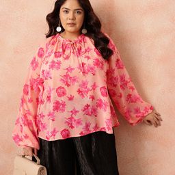 all about you Plus Size Floral Print Tie-Up Neck Puff Sleeves Semi-Sheer Georgette Top-picture-19