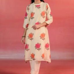 Kameez by Pooja Beige Block Print A-line Chanderi Kurta with Pant-image-57