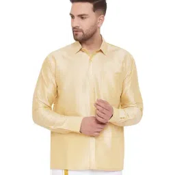 VASTRAMAY Beige Straight Fit Self Pattern Ethnic Shirt-image-7