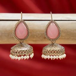 Fida Gold Plated Pink Teardrop Jhumki Earrings-image-7