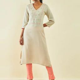 Soch Beige Rayon Slub Floral Zari Embroidered V-Neck Straight Kurta-picture-40