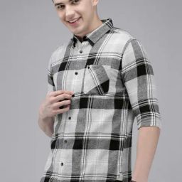 The Bear House Grey Cotton Slim Fit Checks Shirt-image-46