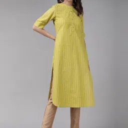 YASH GALLERY Green Cotton Striped Straight Kurta-44