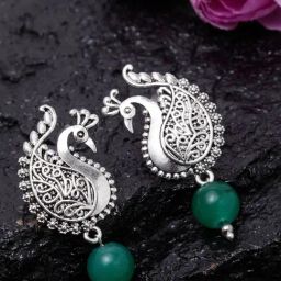 Panash Silver Plated Oxidized Green Peacock Shaped Drop Earrings-14