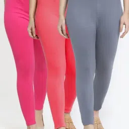 Gracit Grey & Peach Mid Rise Leggings - Pack Of 3-image-86