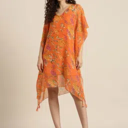 Qurvii Orange Floral Print Kaftan Dress-image-71