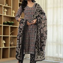 Yufta Women Ethnic Motifs Printed Regular Sequinned Pure Cotton Kurta with Trousers & With Dupatta-18