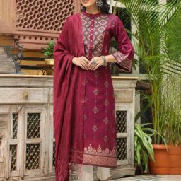Juniper Wine Ethnic Motif Printed Rayon Straight Kurta & Dupatta Set With Buttons-image-41