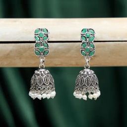 Fida Silver Leaf Green & Pearls Jhumki Earrings-14