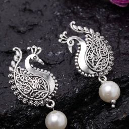 Panash Silver Plated Peacock Shaped Drop Earrings-8