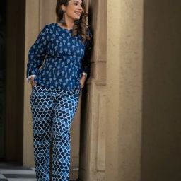 Kaftanize Navy Blue Printed Comfort Fit Co Ord Set-image-65