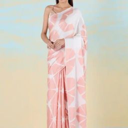 navyasa by liva Pink & White Geometric Print Saree With Unstitched Blouse-image-20