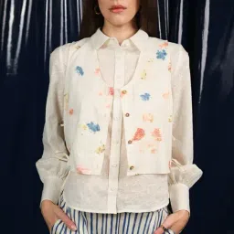 VIRGIO Beige Linen Blend Print Sleeveless Waistcoat-image-8