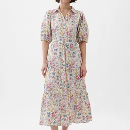 GAP Floral Print Pure Cotton Puff Sleeves Button-Down Tiered Fit & Flare Midi Dress-image-63