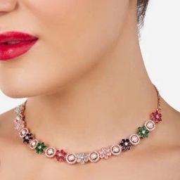 Zaveri Pearls Multicolor Flowers Cubic Zirconia & Pearls Brass Necklace & Earring Set-ZPFK17237-15