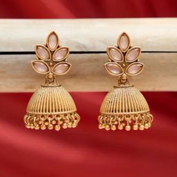 Fida Gold Floral Peach Stone Temple Jhumki Earrings-1