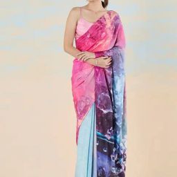 navyasa by liva Pink & Blue Printed Saree With Unstitched Blouse-image-64