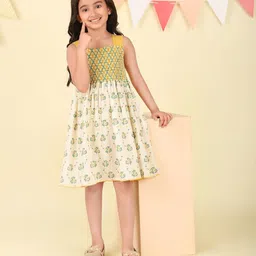 Fabindia Girls Ethnic Motifs Printed Smocked Cotton A-Line Dress-image-69