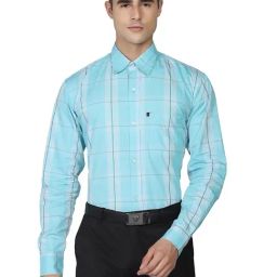 TAHVO Blue Cotton Slim Fit Checks Shirt-image-12