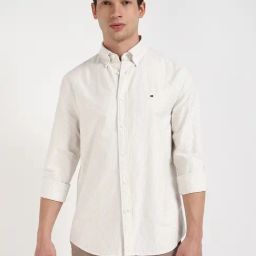 Tommy Hilfiger Sandalwood & White Cotton Regular Fit Striped Shirt-image-19