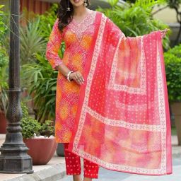 BERRYLICIOUS Pink Applique Embroidered & Bandhani Printed Kurta with Pant & Dupatta-image-21