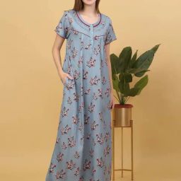 Sweet Dreams Grey Cotton Floral Print Nighty-image-76