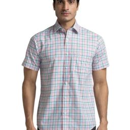 ColorPlus Light Red Cotton Tailored Fit Checks Shirt-image-31