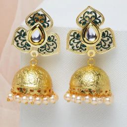 Panash Gold Plated & Green Kundan Dome Shaped Jhumki Earrings-21