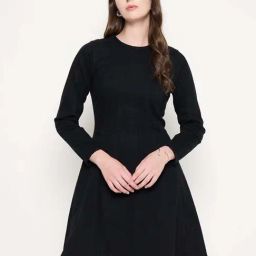 MADAME Black Plain A-Line Dress-image-43