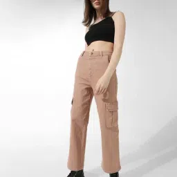 Only Beige Straight Fit High Rise Cargo Pants-image-73