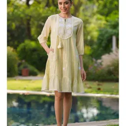 Scakhi Lime Green Cotton Mulmul Embroidered Tiered Midi Dress-image-60